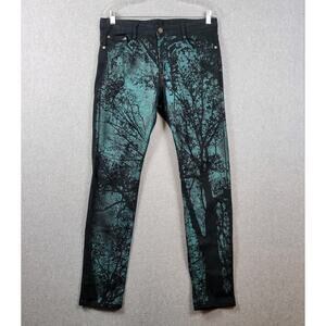 Ku Lang Bu Luo Black Green Gothic Print Mid Rise Tapered Jeans Men's 33 Stretch
